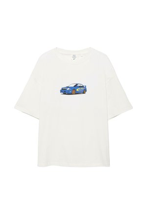 White short-sleeve t-shirt featuring a small blue rally car graphic with yellow detail centered on the front.