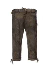 Hnědé kožené kalhoty s volným střihem, které mají stahovací pas, kapsy a nastavitelné manžety se šňůrkami. Hladká textura.