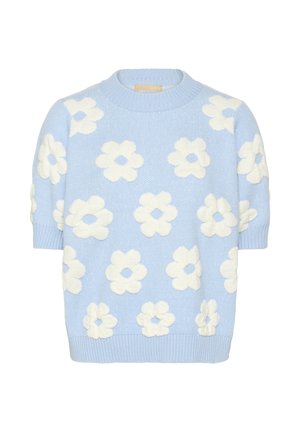 Šviesiai mėlynas trumpų rankovių megztinis su baltomis tekstūruotomis gėlių raštais ir giliu apykakle, rankogaliais ir apačia.