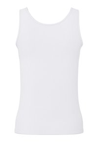 Plain white sleeveless tank top with round neckline, displayed on a flat, white background.