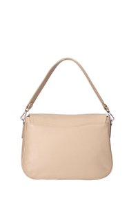 Sac à main en cuir beige avec une forme structurée, un fond arrondi et une courte bandoulière. Présente une texture subtile et un design lisse et épuré.