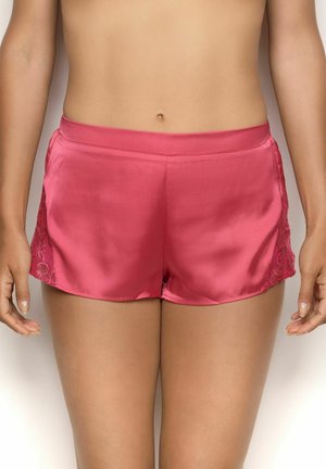 Satin roze shorts met een gladde textuur, voorzien van kanten panelen aan de zijkanten en een elastische tailleband voor comfort.