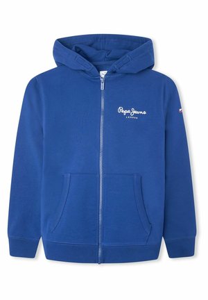 Haut de sweatshirt zippé bleu avec une poche avant et une capuche. Présente le logo "Pepe Jeans London" en blanc sur la poitrine. Texture de tissu douce.