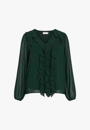 Tumed roheline pluus kergest kangast, millel on V-kaelus, pikad varrukad ja silmapaistvad volangid ees.