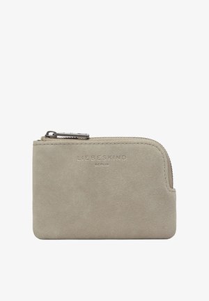 Piccola pochette beige in camoscio con zip, angoli arrotondati e "Liebeskind Berlin" impresso al centro sul davanti.