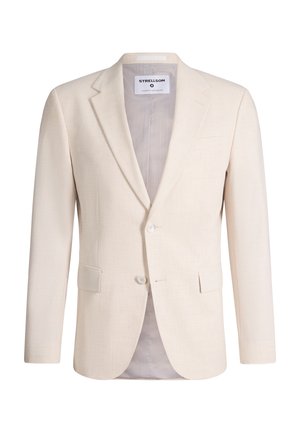 Beżowa marynarka męska z wyciętymi klapami, dwoma przednimi guzikami, kieszeniami z patkami i etykietą Strellson wewnątrz kołnierza.