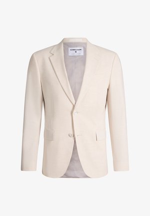 Beżowa marynarka męska z wyciętymi klapami, dwoma przednimi guzikami, kieszeniami z patkami i etykietą Strellson wewnątrz kołnierza.