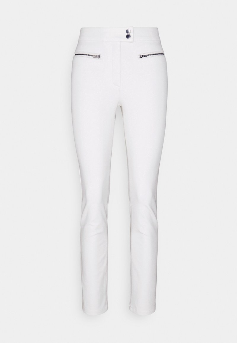 Pantalons blancs ajustés avec une coupe slim. Comprend des poches avant zippées, une texture lisse et une fermeture à bouton à la taille.