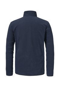 Navy fleece jacket with a high collar, long sleeves, smooth texture, and no visible fastenings. Simple design, solid color, and casual style.