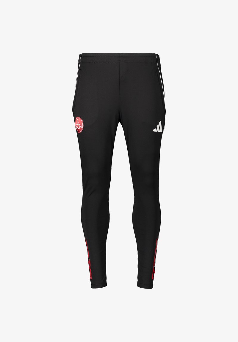 Black athletic pants with a slim fit, featuring a red FCN logo on the left leg and white Adidas logo on the right. Side stripes in red.