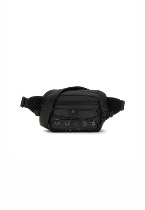Schwarze Nylon-Crossbody-Tasche mit verstellbarem Mesh-Tragegurt, Front-Reißverschlussfach und großem Logo an der Unterseite. Kompaktes rechteckiges Design mit strukturierten Akzenten.