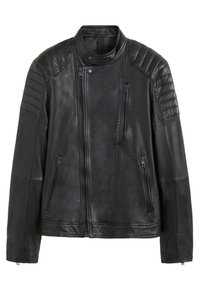 Schwarze Leder-Motorradjacke mit gesteppten Details an den Schultern, zwei Reißverschlusstaschen und einem asymmetrischen Frontreißverschluss.
