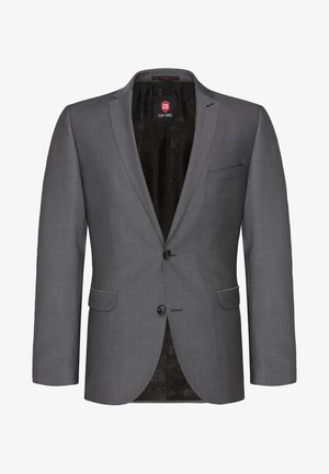 Gray blazer with a textured fabric, two buttons, single chest pocket, and a smooth inner lining featuring logos. Straight-cut design.