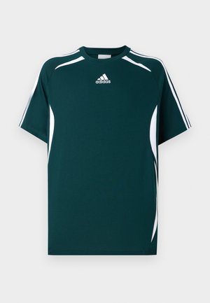 Dunkelgrünes Sport-T-Shirt mit kurzen Ärmeln, weißen gebogenen Akzenten und einem Adidas-Logo auf der Brust. Aus glattem Stoff gefertigt.