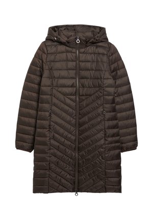 Dark brown long puffer coat with horizontal and chevron quilting, full front zipper, side pockets, long sleeves, and adjustable hood with drawstrings.