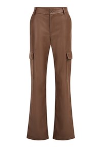 Bruna läderlastbyxor med en utsvängd silhuett, sidofickor och en slät yta med subtila sömdetaljer.