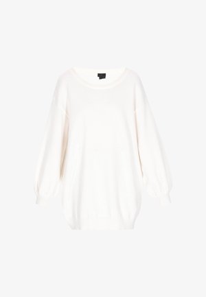 Übergroßer weißer Pullover aus weichem Material, mit weitem Ausschnitt und eng anliegenden Bündchen, in glatter, einfarbiger Textur.