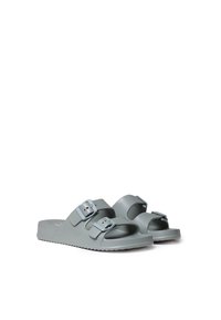 Gray molded sandals with two adjustable straps and blue metal buckles. Textured footbed and slip-resistant sole. Simple, open-toe design.