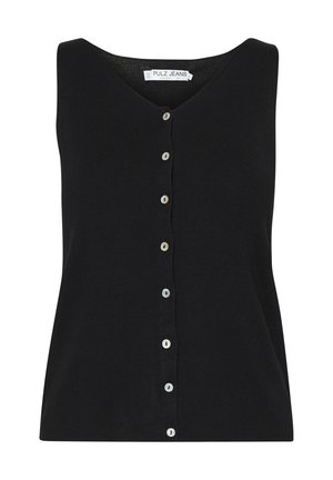 Schwarzes, ärmelloses Top mit V-Ausschnitt, das eine durchgängige Knopföffnung und eine glatte, gerippte Textur aufweist. Die Knöpfe haben eine kontrastierende helle Farbe.