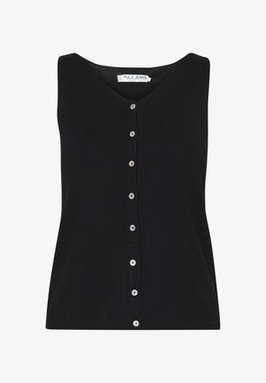 Schwarzes, ärmelloses Top mit V-Ausschnitt, das eine durchgängige Knopföffnung und eine glatte, gerippte Textur aufweist. Die Knöpfe haben eine kontrastierende helle Farbe.