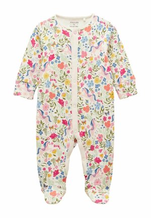 Body de bebé con estampado colorido de flores y unicornios, mangas largas, cierre de botones a presión y piernas con pie, sobre un fondo blanco.