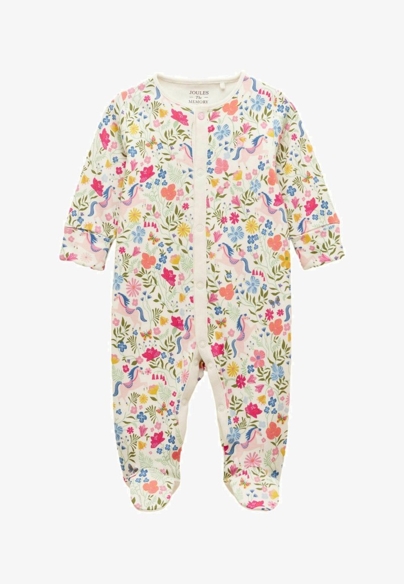 Body pour bébé avec imprimé floral coloré et licorne, manches longues, fermeture à boutons-pression, et jambes avec pieds sur fond blanc.