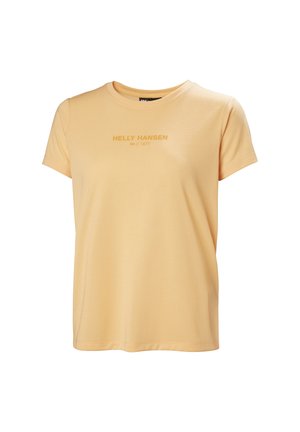 Světlě žluté tričko s krátkým rukávem z měkké tkaniny, které má v mírně tmavším odstínu logo "HELly HANSEN 1877", kulatý výstřih a volný střih.