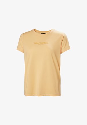 Lichtgele T-shirt met korte mouwen in een zachte stof, met het logo "HELly HANSEN 1877" in een iets donkerdere tint, ronde hals en een relaxte pasvorm.
