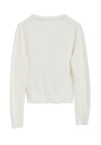 Vitt stickat tröja med långa ärmar, ribbade manschetter och nederkant, med rundad halsringning och sömlösa axlar. Mjuk textur.