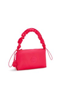 Pink synthetic handbag with a gathered handle, zip closure, and embossed logo on the front. Compact rectangular shape with rounded edges.