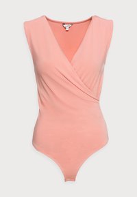 Body senza maniche rosa con avvolgimento frontale a V e tessuto morbido elasticizzato, progettato per una silhouette aderente e liscia.