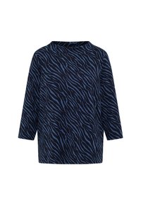 Top blu e navy con motivo a strisce di zebra, collo tondo, maniche a tre quarti e vestibilità rilassata. Tessuto morbido e confortevole.