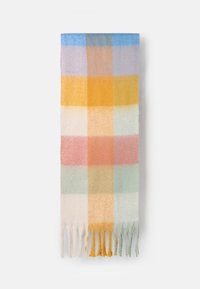 Cachecol de lã em padrão de xadrez grande e multicolorido, apresentando tons pastéis de azul, amarelo, rosa e verde, com bordas franjadas.