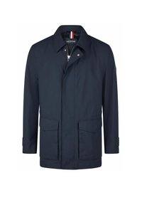 Marineblaue wasserdichte Jacke mit geradem Schnitt, zwei Seitentaschen, Reißverschluss und hohem Kragen. Weiche, glatte Textur, minimalistisches Design.