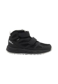 Black mid-cut sneaker made of synthetic materials with mesh panels, velcro straps, and a rugged outsole. Features logo on the side.