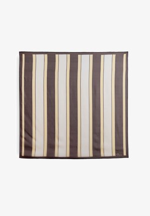 Quadratischer Stoff mit vertikalen Streifen in Beige, Weiß und Dunkelbraun, gleichmäßig über die Oberfläche verteilt.