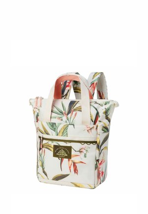 Sac à dos blanc avec imprimé floral tropical, doubles poignées beiges, bretelles rembourrées, poche zippée à l'avant et un écusson logo "Dakine Respect".