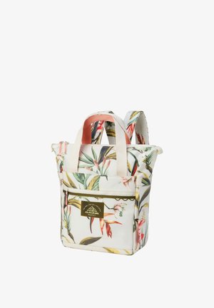 Sac à dos blanc avec imprimé floral tropical, doubles poignées beiges, bretelles rembourrées, poche zippée à l'avant et un écusson logo "Dakine Respect".