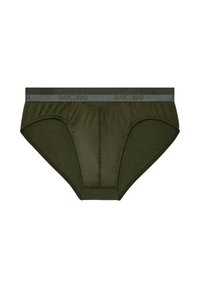 Męskie slipy w oliwkowym kolorze wykonane z miękkiego materiału, z szarym elastycznym paskiem w talii z logo "HOM" oraz modelowanym panelem z przodu.