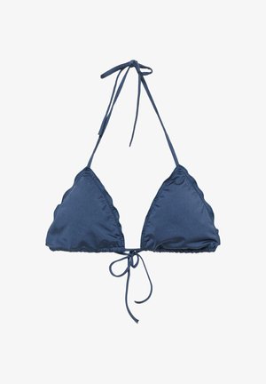 Haut de bikini triangle bleu marine avec bords festonnés, col halter réglable et fermeture par nœud à l'arrière.