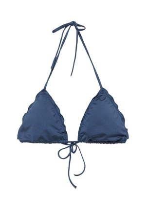 Top bikini a triangolo blu navy con bordi smerlati, collo allacciato regolabile e chiusura a fiocco sul retro.
