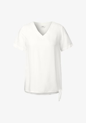 Witte kortmouw V-hals top met een relaxte pasvorm. Heeft een gestrikte accent aan de zijkant en een gladde stoftextuur.