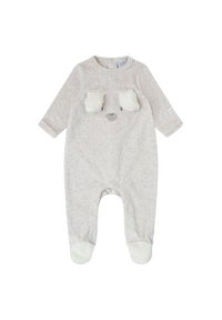 Pijama de color gris claro hecho de tela suave, con diseño de cara de oso con orejas de peluche, mangas largas y cierres a presión en la parte inferior.