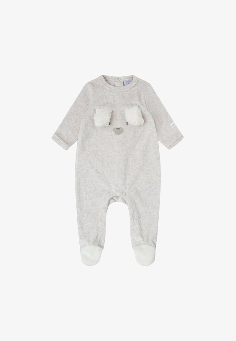 Pijama de color gris claro hecho de tela suave, con diseño de cara de oso con orejas de peluche, mangas largas y cierres a presión en la parte inferior.