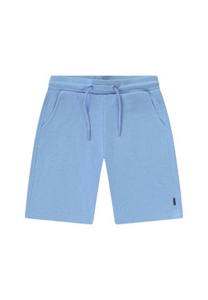 Lichtblauwe casual shorts met een tailleband met trekkoord en zijzakken, gemaakt van gestructureerde stof, plat uitgestald op een witte achtergrond.
