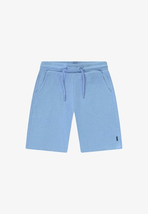 Lichtblauwe casual shorts met een tailleband met trekkoord en zijzakken, gemaakt van gestructureerde stof, plat uitgestald op een witte achtergrond.