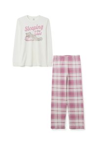Langärmliges weißes Schlafanzugoberteil mit pinkem Text und einem Katzenmotiv, kombiniert mit rosa und weißen karierten Schlafanzughosen mit elastischem Bund.