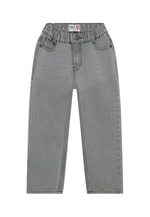 Jean gris pour enfant avec taille élastique, fermeture par bouton et zip, et poches avant, posé à plat sur fond blanc.