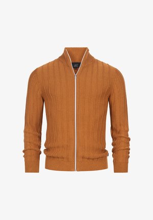 Horčicovo oranžový pletený sveter na zips s rebrovanou štruktúrou, stojačikovým golierom a celopredným zipsom; priliehavý strih s dlhými rukávmi.