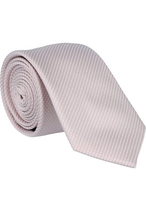 Helles rosa Krawatte, aufgerollt, mit einem subtilen geometrischen Muster in Weiß. Glatte Textur, klassisches Design, verjüngt sich zu einem spitzen Ende.